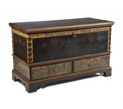 A Striking Polychrome Painted Dower Chest