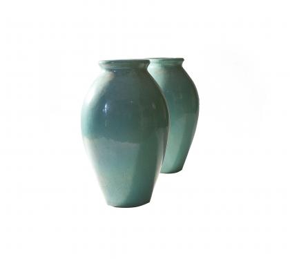 Pair of Galloway Glazed Urns with Excellent Verdigris Patina (SOLD)