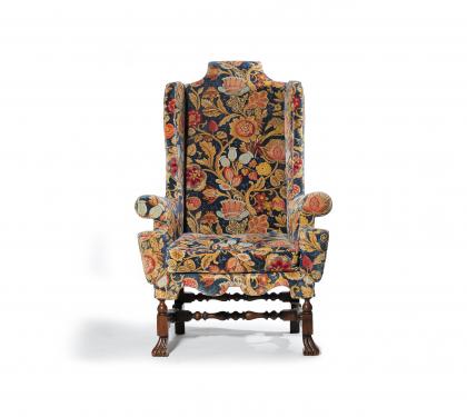Finely Upholstered Walnut William &amp; Mary Wing Chair (SOLD)