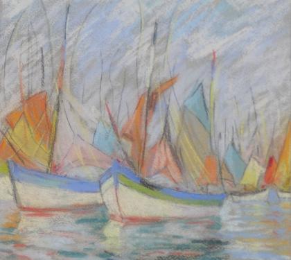 Pastel on Paper Entitled &quot;Barques of Brittany&quot; by Elizabeth Fisher Washington