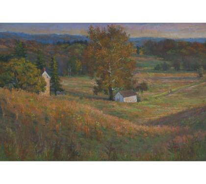 Oil on Panel Entitled "Stephens’ Home and Springhouse at Valley Forge A Study in Gold, Green and Violet" by Michael Stuart Traines