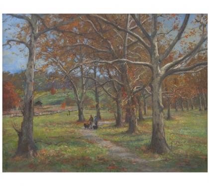 Oil on Panel Entitled "Chows in the Buttonwoods – East Goshen Park" by Michael Stuart Traines