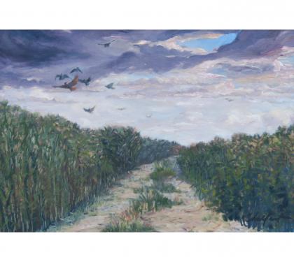 Oil on Canvas Entitled &quot;Hawk Hunt&quot; by Richard Chalfant