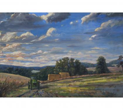 Oil on Canvas Entitled &quot;Green Tractor&quot; by Richard Chalfant