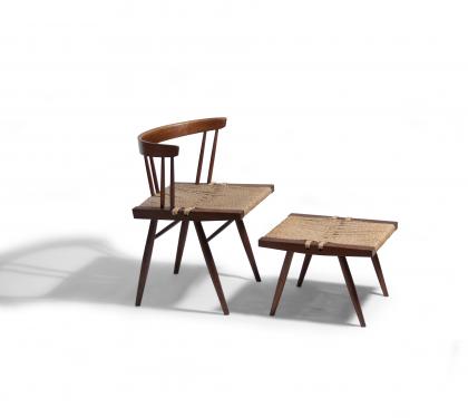 Nakashima Walnut Grass-Seated Side Chair With Stool (SOLD)