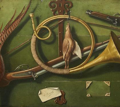 Very Unusual Large Trompe L’oeil Game Painting on Board 