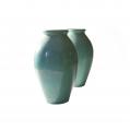 Pair of Galloway Glazed Urns with Excellent Verdigris Patina (SOLD)
