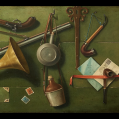 Very Unusual Large Trompe L’oeil Game Painting on Board 